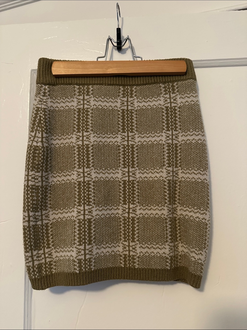 Lulu's Olive and Cream Plaid Knit Pencil Skirt